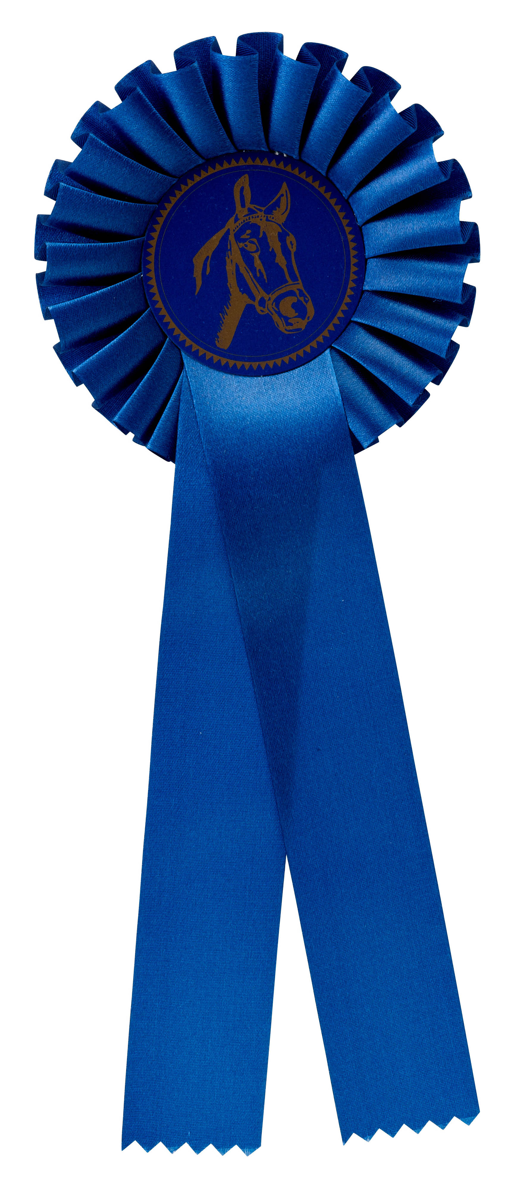 Einfache Rosette in Blau mit Pferdekopf-Motiv Blaue einfache Rosette mit gefaltetem Rundkranz, zwei langen Schleifenbändern und rundem Mittelteil mit Pferdekopf-Motiv.