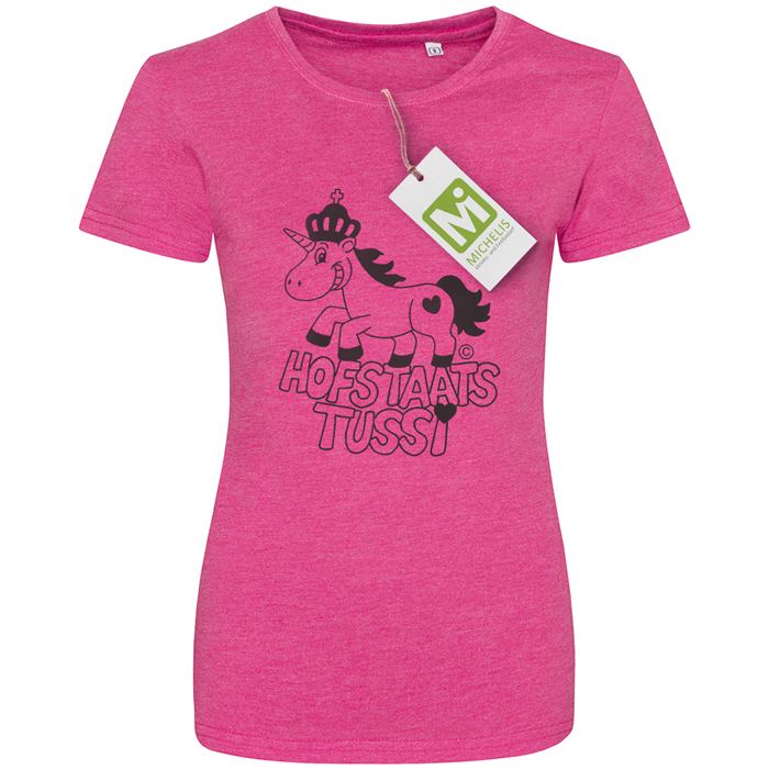 T-Shirt pink Hofstaatstussi mit Einhorn-Motiv Pinkes T-Shirt mit schwarzem Aufdruck: gekröntes Einhorn mit Herz am Hinterteil und Schriftzug „Hofstaats Tussi“ auf der Vorderseite.