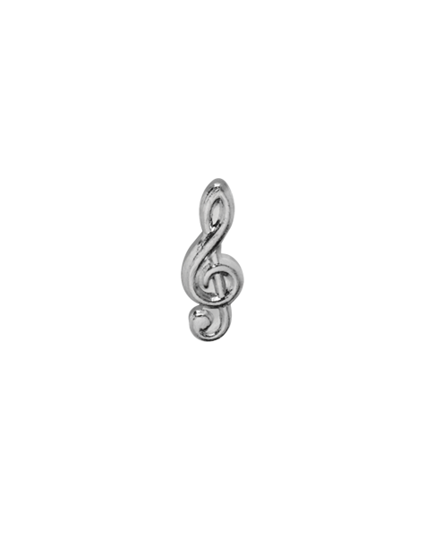 Musikerabzeichen mit kleinem Notenschlüssel in silberfarbener Optik Musikerabzeichen mit kleinem Notenschlüssel, schmale vertikale Form und silberfarbene Metalloptik, als Abzeichen für Musiker von Blaskapelle und Spielmannszug