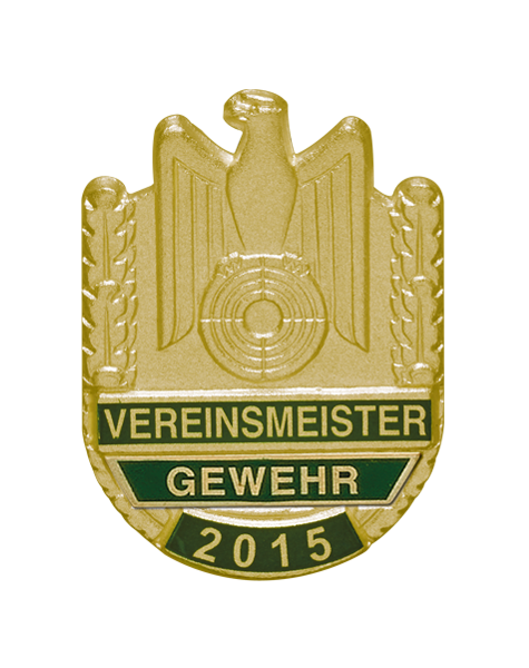 Vereinsmeisterabzeichen mit Sicherheitsnadel, Gewehr 2015, vergoldet Vereinsmeisterabzeichen in vergoldeter Wappenform mit Schützenadler, Zielscheibe und Eichenlaub. Auf grünem Hintergrund steht Vereinsmeister, darunter Gewehr und die Jahreszahl 2015.