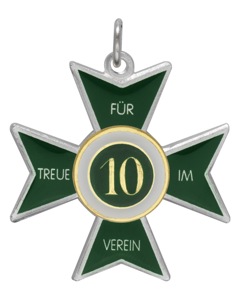 Jubiläumsorden Treue im Verein mit Zahl 10 Jubiläumsorden Treue im Verein als grün emailliertes Kreuz mit silberfarbener Einfassung, zentraler runder Auflage mit goldfarbener Zahl 10 sowie Öse und Ring zum Aufhängen