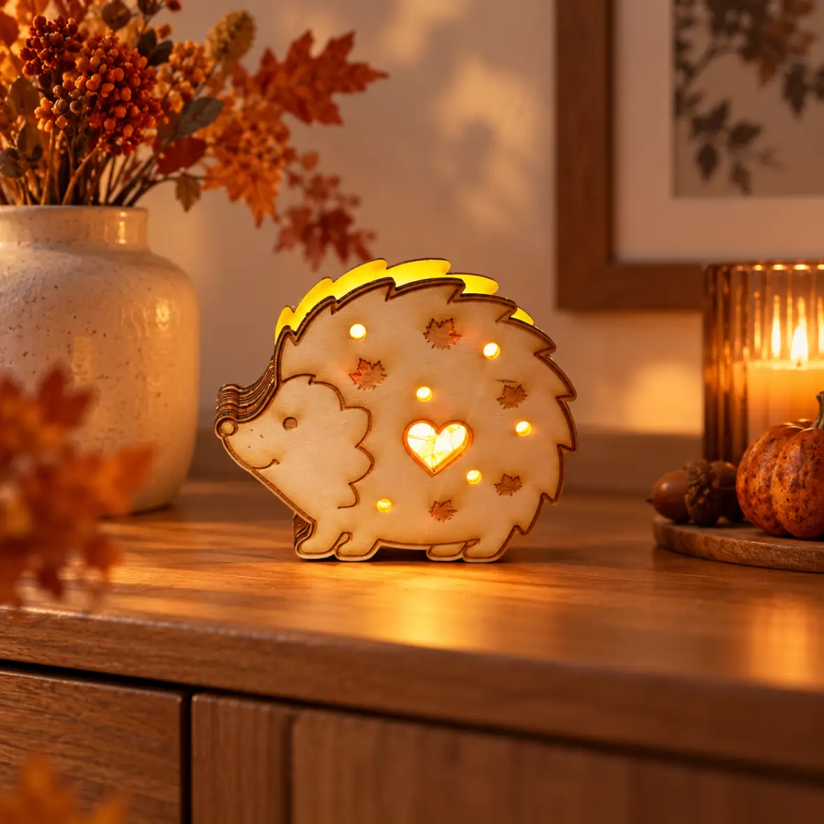 Herbstlicht Igel Deko-Leuchte, Igel, herbstlich, LED-Licht, Holzfigur