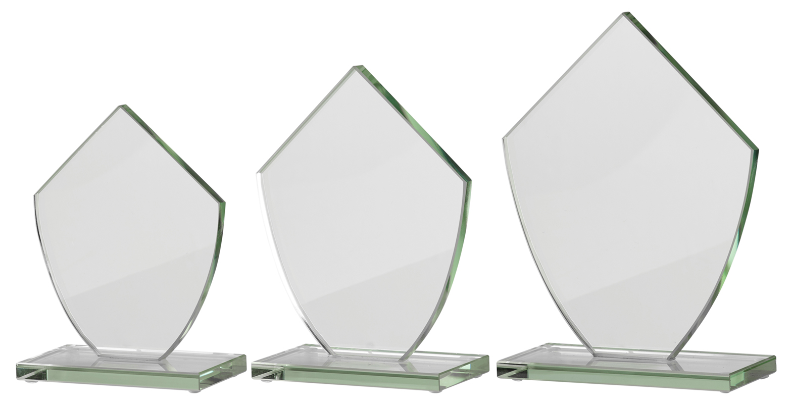 Glasständer spitz mit Sockel 110 x 150 mm Drei spitz geformte Glasständer mit rechteckigem Sockel in transparenter Optik, als Gravurständer in unterschiedlichen Größen dargestellt