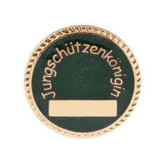 Abzeichen vergoldet mit Sicherheitsnadel Jungschützenkönigin, rund mit grünem Hintergrund Rundes vergoldetes Vereinsabzeichen für Schützen mit der Aufschrift „Jungschützenkönigin“, grünem Hintergrund und rechteckigem Gravurfeld im unteren Bereich.