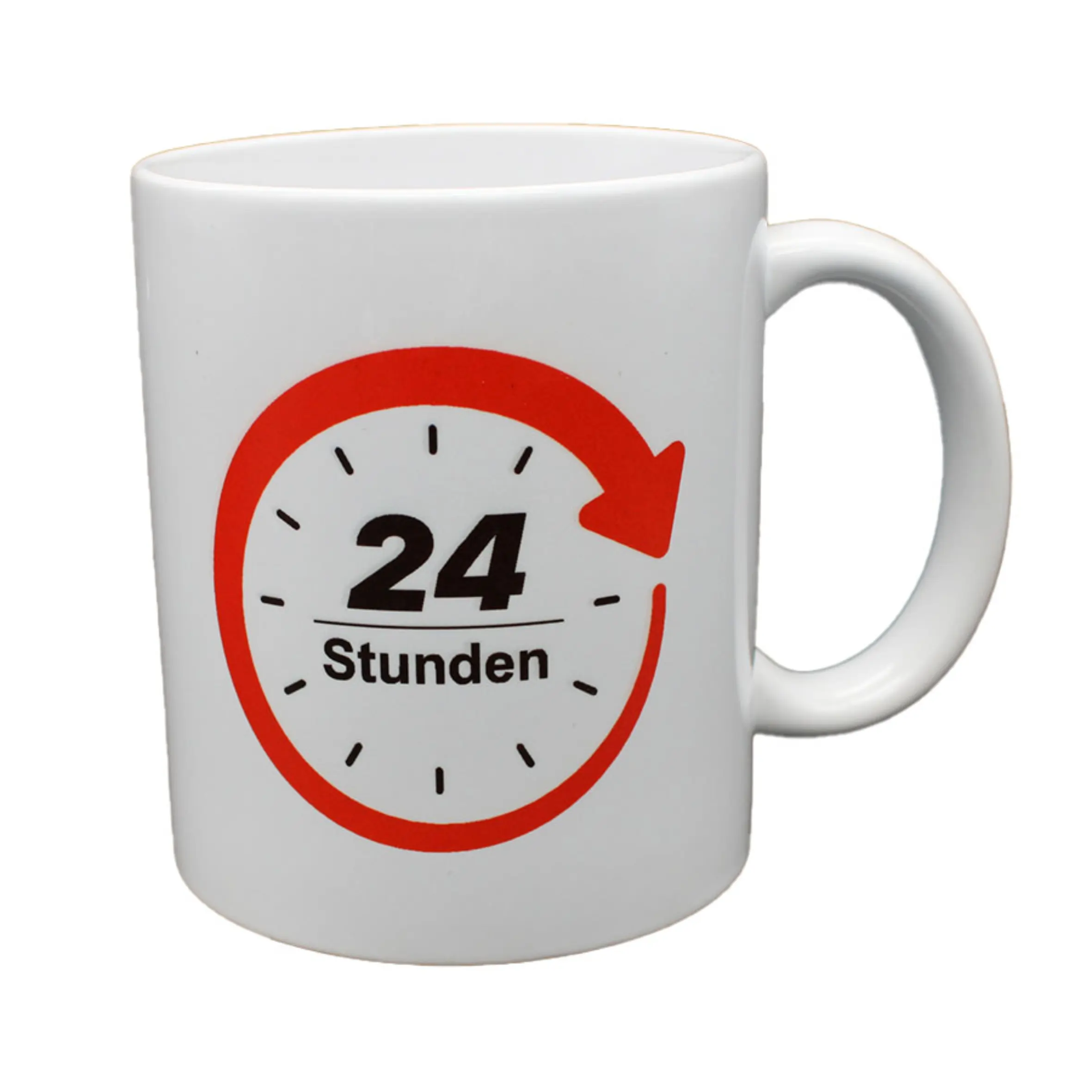 Weiße Tasse Keine Zeit für Burnout mit rotem 24-Stunden-Uhrmotiv und der Aufschrift „24 Stunden“, Henkel rechts