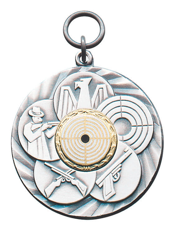 Anhänger vergoldet mit Öse und Ring, Schützenmotiv mit Zielscheibe und Gewehren Vergoldeter Anhänger mit Öse und Ring, rundes Schützenmotiv mit Adler, Zielscheibe, Schütze und gekreuzten Gewehren sowie goldfarbener Zielscheibe in der Mitte