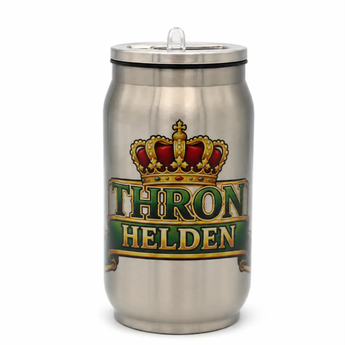 Thermodose Thronhelden 250 ml – doppelwandiges Edelstahl-Trinkgefäß mit Trinkhalm stainless steel can, tumbler, metal bottle, Kronen-Design, Thron Helden