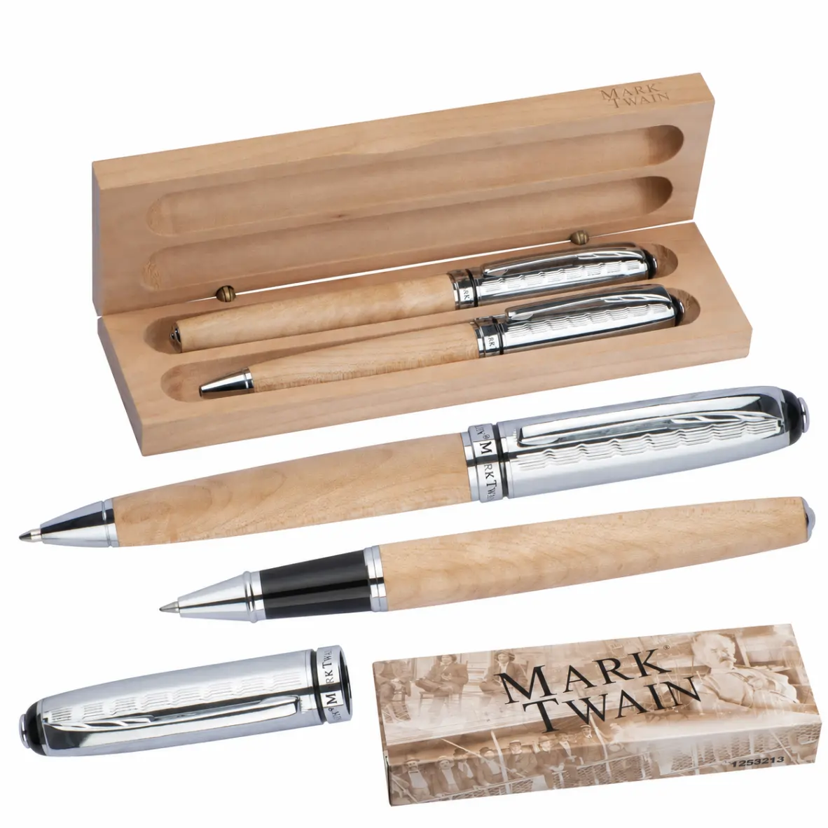 Mark Twain Schreibset incl. Lasergravur Füllfederhalter, Holzkörper, Metallakzente, Klickmechanismus, Koffer-Set