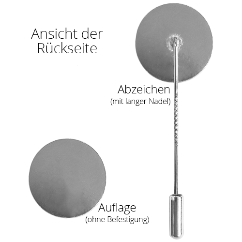 Rückseite Abzeichen versilbert mit langer Nadel und runder Auflage Rückansicht eines versilberten Abzeichens von EinzigArt mit langer Nadel, runder Auflage und separater runder Auflage ohne Befestigung