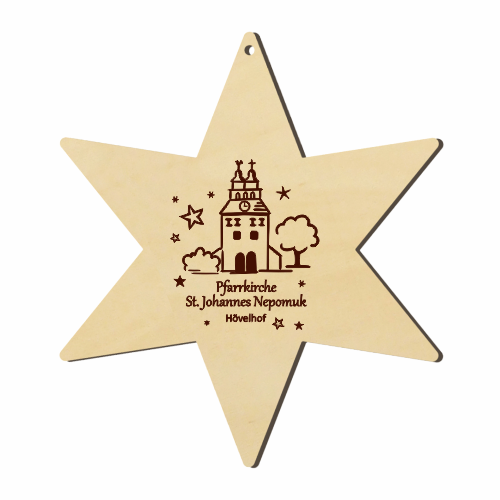 Hövelhof Pfarrkirche Holzstern mit graviertem Kirchenmotiv Sechszackiger Holzstern zum Aufhängen mit Lasergravur der Pfarrkirche St. Johannes Nepomuk in Hövelhof, umgeben von kleinen Sternen und Baum-Motiven.