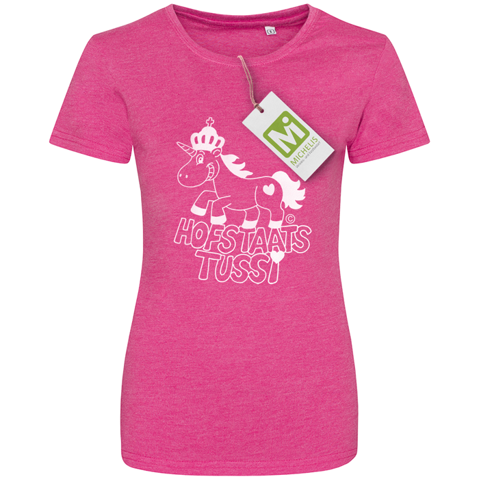 Hofstaatstussibox T-Shirt in Pink mit Hofstaatstussi-Motiv Pinkes T-Shirt der Hofstaatstussibox mit weißem Hofstaatstussi-Aufdruck auf der Vorderseite, bestehend aus Einhorn mit Krone und Schriftzug Hofstääts Tussi.