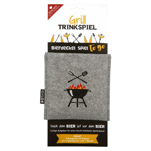 Filz Trinkspiel Grill mit grauer Filzhülle und Grillmotiv Filz-Trinkspiel Grill in grauer Filzhülle mit aufgesticktem Grill, Flammen und Grillbesteck, als Bierdeckel-Spiel to go in Verpackung