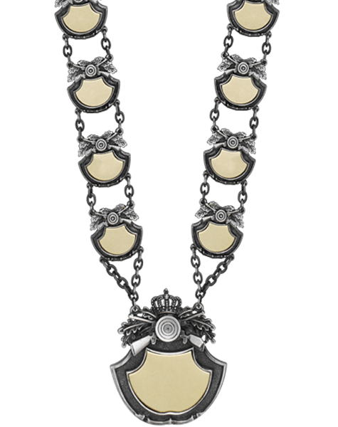Königskette mit 10 Kettengliedern und Schild bicolor in Altsilber und Goldfarbe Königskette bicolor mit 10 verzierten Kettengliedern in Altsilber-Optik und goldfarbenen Schildeinsätzen, unten mit großem Schild und Krone