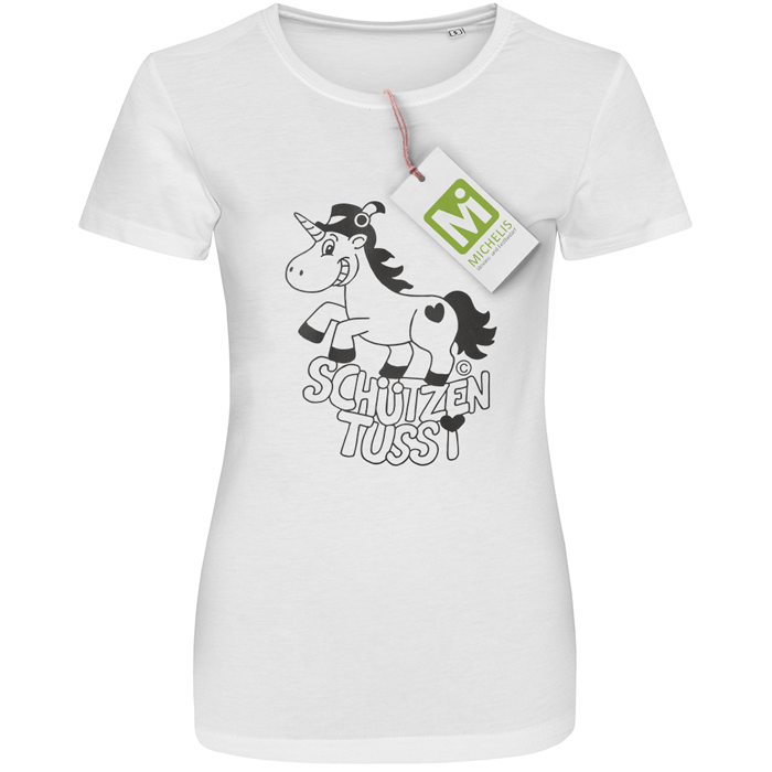 T-Shirt weiß Schützentussi mit Einhorn-Motiv und schwarzem Schriftzug Weißes T-Shirt Schützentussi mit schwarzem Aufdruck: Einhorn mit Herzdetail und Schriftzug „Schützen Tussi“ auf der Vorderseite.