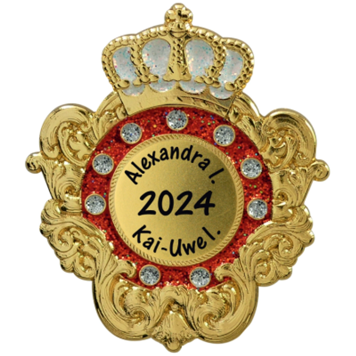 Karnevalspin Krone mit Zierrahmen Rot-Weiß – Multicolor-Fotodruck Karnevalsorden, goldfarben, rote Glitzerfläche, Kronenmotiv, personalisierbar
