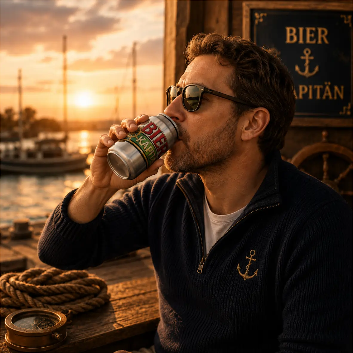 Thermodose Bierkapitän 250 ml – doppelwandiges Edelstahl-Trinkgefäß mit Trinkhalm Bierdose, Dosenbier, Segeln, Sonnenuntergang, Pullover
