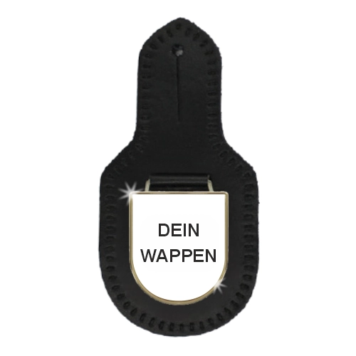 Brustanhänger mit Expressabzeichen Wappen silber auf schwarzem Kunstleder Brustanhänger aus schwarzem Kunstleder mit beweglichem Wappenabzeichen in Silberoptik, vorne mit Platzhalter „Dein Wappen“ auf weißer Schildform