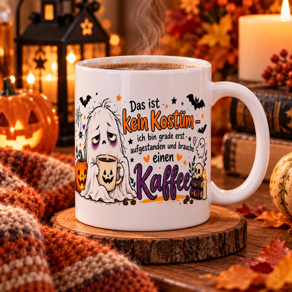 Keramiktasse, weiße Tasse, Halloween-Motiv, Geistermotiv, Kaffeespruch