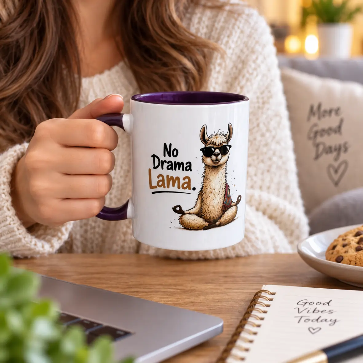 Tasse No Drama Lama Kaffeetasse, Becher, Lama, No Drama Lama, Samtig-lila Innenseite