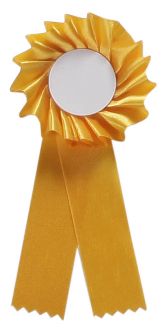 Rosette für den Preisrichter in Gelb mit zwei Schleifenbändern Einfarbige Preisrichter-Rosette in Gelb mit gefalteter Rosette, zwei langen Schleifenbändern und rundem Emblemfeld in der Mitte