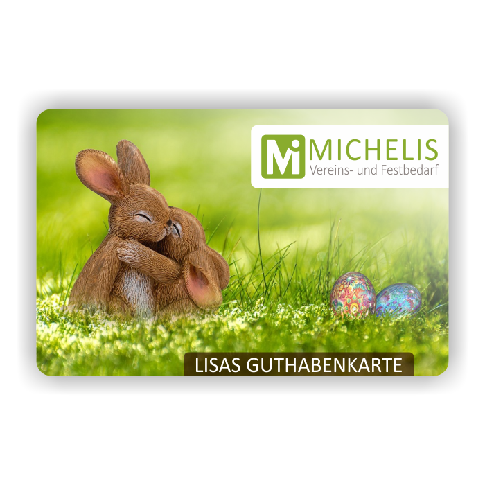 EinzigArt Guthabenkarte 50 Euro mit Hasenmotiv auf Wiese Guthabenkarte von EinzigArt mit Motiv aus zwei Hasenfiguren auf grüner Wiese und zwei bunten Eiern, mit aufgedrucktem Kartentext und Guthabenkarten-Bezug