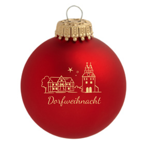 Hövelhof Dorfweihnacht Weihnachtskugel mit Dorfmotiv Rote Weihnachtskugel aus Glas mit goldfarbenem Aufdruck Dorfweihnacht und stilisiertem Dorfmotiv mit Häusern und Kirchturm.