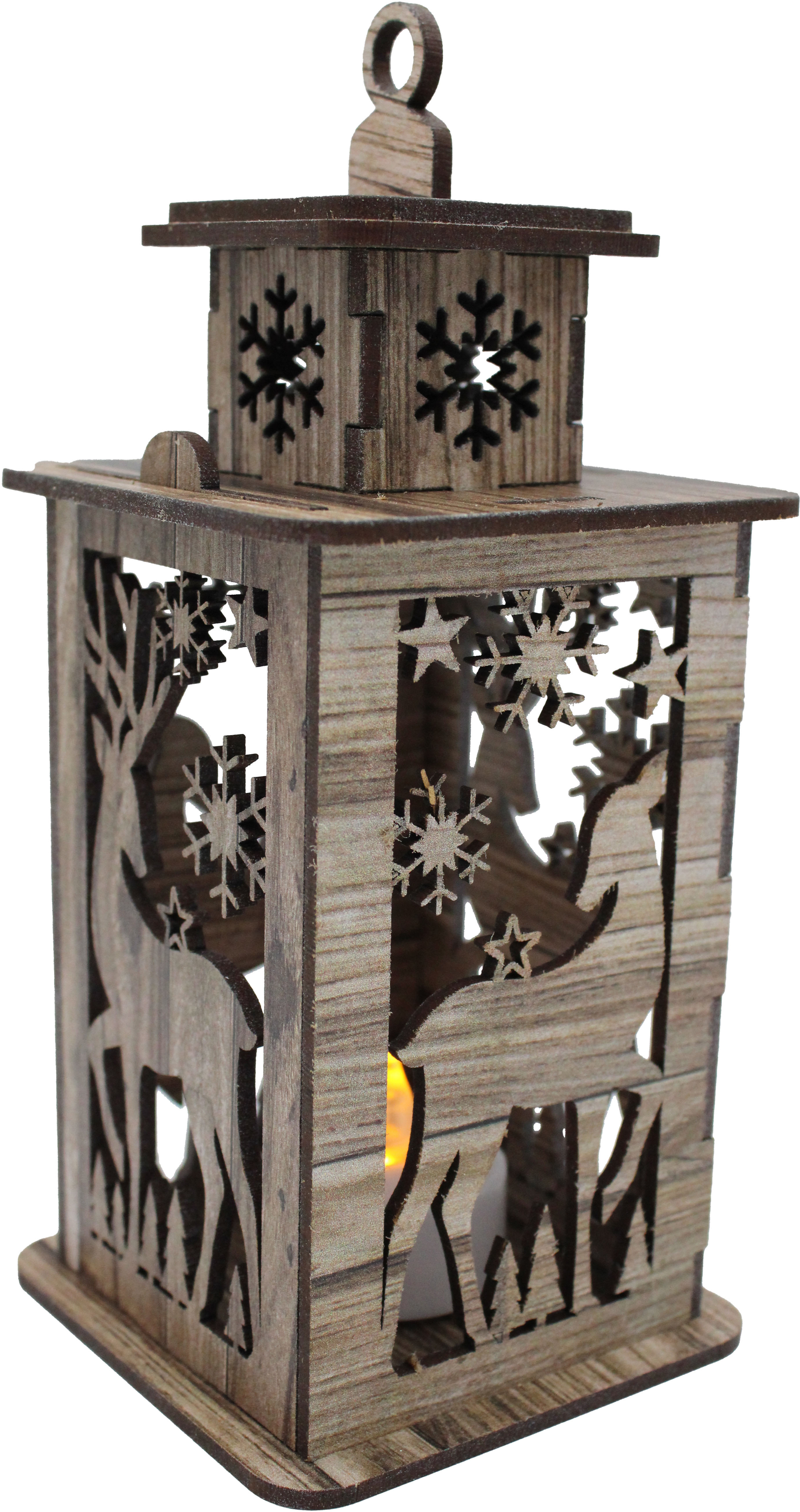 Holzlaterne handgefertigt mit Motiv Reh im Wald incl. LED Licht