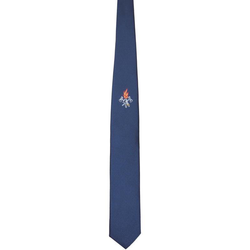 Feuerwehrkrawatte mit gewebtem Motiv in Dunkelblau Dunkelblaue Feuerwehrkrawatte mit gewebtem Motiv auf der Vorderseite, schlanke Form mit spitz zulaufendem Ende und kleinem Feuerwehrsymbol mit Flamme im unteren Bereich.
