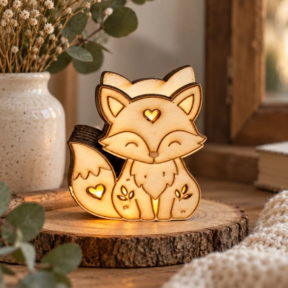 Holzfigur, Fuchs, Nachtlicht, Herzmotiv, Dekoration