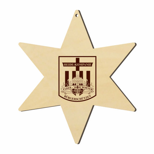 Heide Kompanie Paderborn Holzstern mit graviertem Wappen Sechszackiger Holzstern mit Aufhängebohrung und mittig eingraviertem Wappen der Heide-Kompanie Paderborn Bürgerschützen