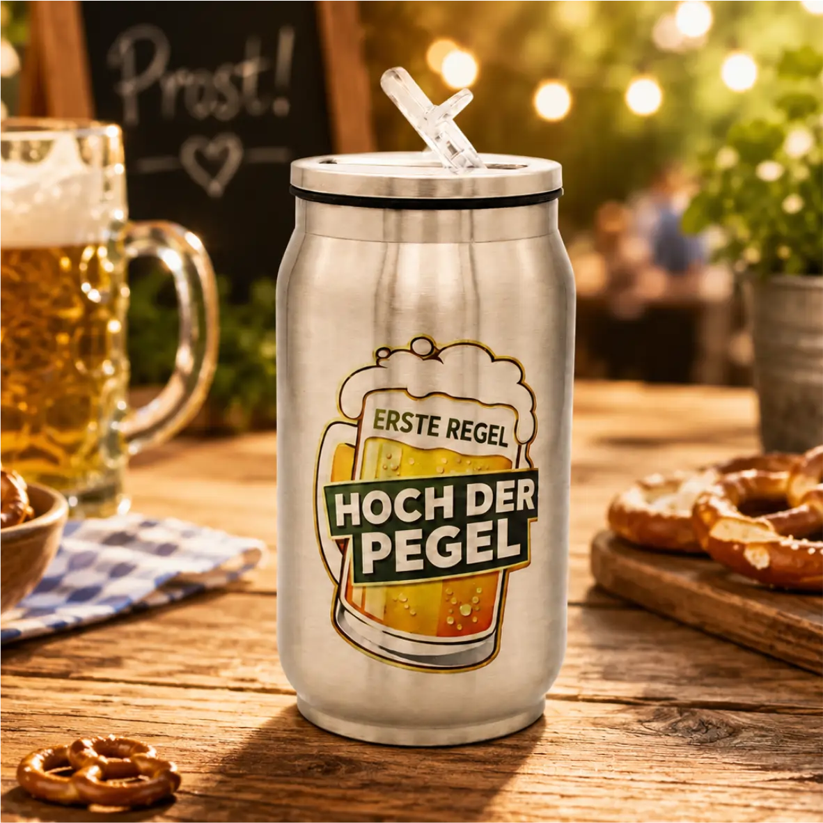 Thermodose Erste Regel: Hoch der Pegel 250 ml – doppelwandiges Edelstahl-Trinkgefäß mit Trinkhalm Bierfass, Trinkgefäß, Keg, Metall, Bierkrug