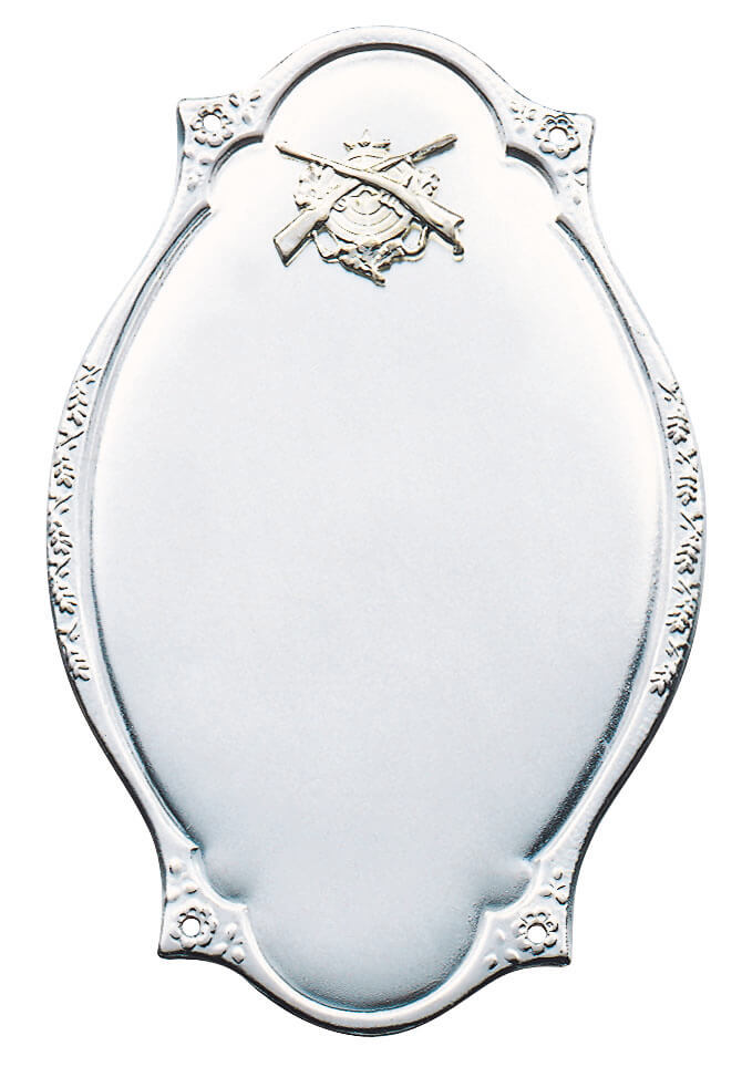 Fahnennagel ohne Auflage in ovaler Form mit silberner Oberfläche Fahnennagel ohne Auflage, silberfarben und oval geformt, mit glatter Fläche für Gravur und kleinem Motiv aus Zielscheibe und gekreuzten Gewehren im oberen Bereich