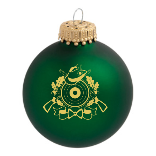 Schützenlogo Weihnachtskugel mit goldenem Schützensymbol auf grüner Glaskugel Grüne Weihnachtskugel aus Glas mit goldenem Schützenlogo, Zielscheibe, gekreuzten Gewehren, Hut, Eichenlaub und Schleife, oben mit goldfarbener Aufhängung