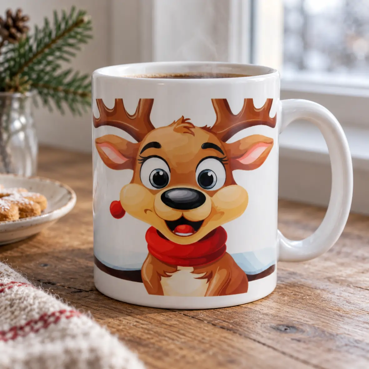 Tasse Weihnachtsrentier mit gezeichnetem Rentiermotiv Weiße Tasse Weihnachtsrentier mit großem gezeichnetem Rentier auf der Vorderseite, braunem Geweih, großen Augen, rotem Schal und winterlichem Hintergrundmotiv.