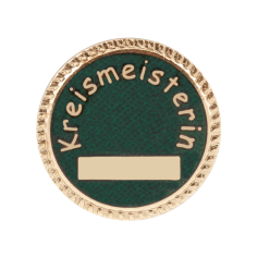 Abzeichen bronze mit Sicherheitsnadel, rundes Vereinsabzeichen Kreismeisterin Rundes Abzeichen in Bronzeoptik mit grünem Hintergrund, Schriftzug „Kreismeisterin“ und rechteckigem Gravurfeld, Vereinsabzeichen für Schützen mit Sicherheitsnadel