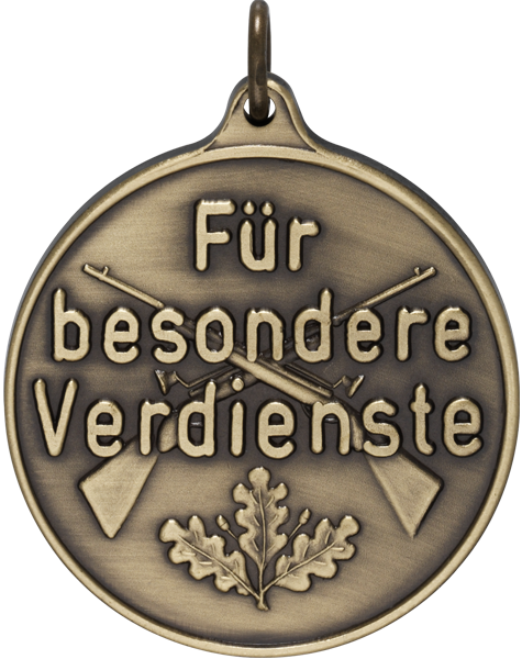 Medaille für besondere Verdienste eines Schützen Runde Medaille in altsilberner Optik mit Öse, gekreuzten Gewehren, Eichenlaub und dem Schriftzug „Für besondere Verdienste“ als Auszeichnung für Schützen