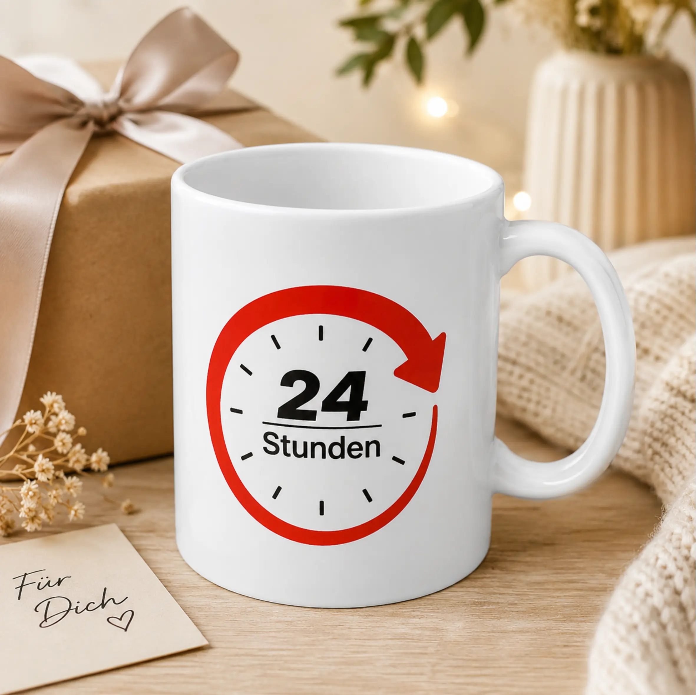 Tasse Keine Zeit für Burnout mit 24-Stunden-Uhr Weiße Tasse Keine Zeit für Burnout mit aufgedruckter 24-Stunden-Uhr in Rot und Schwarz auf der Außenseite, Henkel rechts