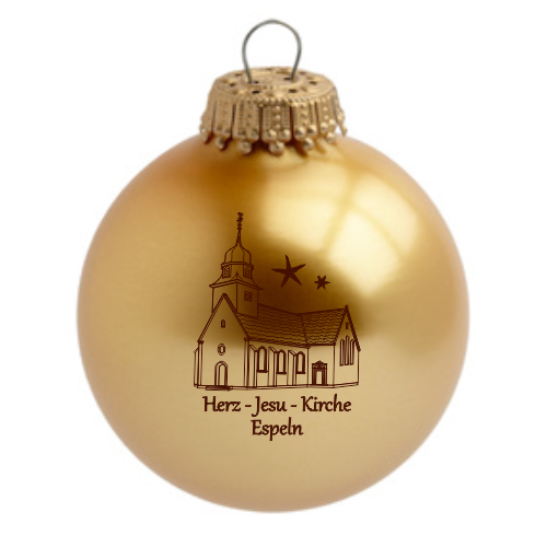 Hövelhof Herz Jesu Espeln Weihnachtskugel mit Kirchenmotiv Goldfarbene Weihnachtskugel aus Glas mit Aufhänger und aufgedrucktem Motiv der Herz-Jesu-Kirche Espeln samt Schriftzug „Herz-Jesu-Kirche Espeln“.