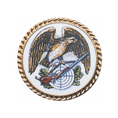 Auflage vergoldet ohne Befestigung mit Schützenadler, Zielscheibe und Gewehr Runde vergoldete Auflage ohne Befestigung mit Schützenadler über Zielscheibe und Gewehr, umrahmt von Eichenlaub und einem goldfarbenen Rand auf weißem Hintergrund