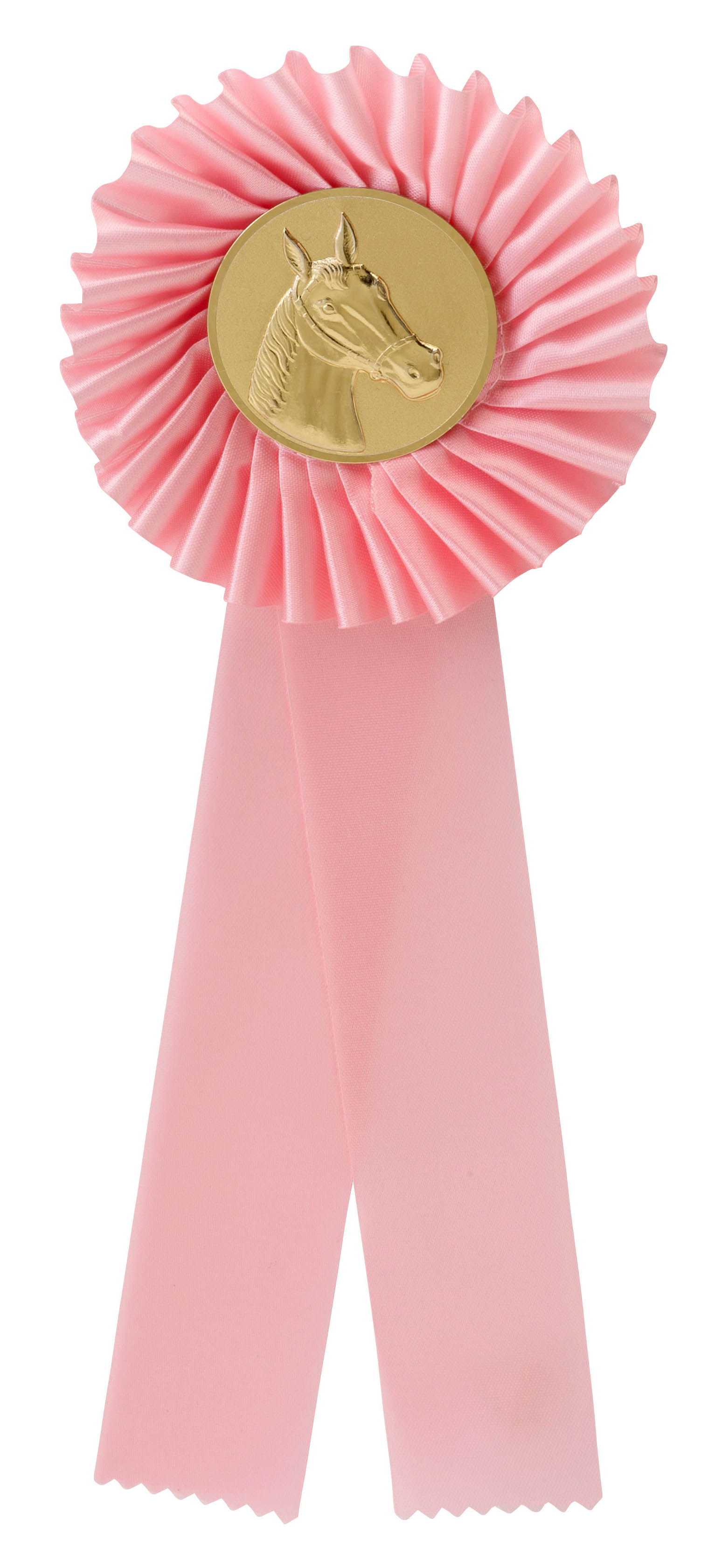 Einfache Rosette in Rosa mit goldfarbenem Pferdeemblem Einfache Rosette in Rosa mit gefaltetem Rundteil, zwei langen Schleifenbändern und goldfarbenem Metallemblem mit Pferdekopf im Zentrum