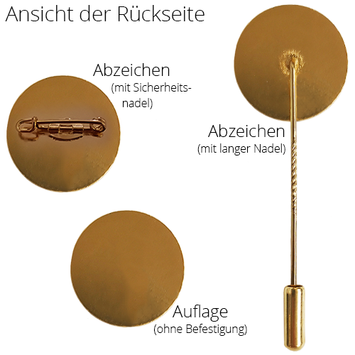 Rückseite Abzeichen versilbert mit Sicherheitsnadel und Varianten der Befestigung Rückansicht eines runden Abzeichens in Metalloptik mit glatter Fläche sowie Varianten mit Sicherheitsnadel, langer Nadel und Auflage ohne Befestigung; gezeigt als Abzeichen versilbert mit Sicherheitsnadel.
