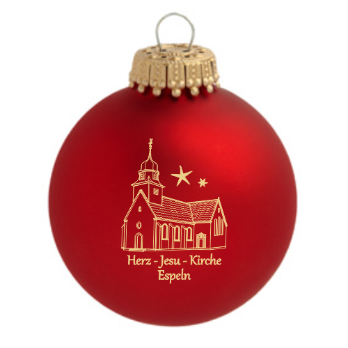 Hövelhof Herz Jesu Espeln Weihnachtskugel mit Kirchenmotiv Rote Weihnachtskugel aus Glas mit goldfarbenem Motiv der Herz-Jesu-Kirche Espeln und Schriftzug Herz-Jesu-Kirche Espeln.