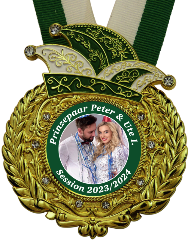 Karnevalsorden „Kranz mit Narrenkappe Grün/Weiß“ mit Prinzenpaar-Motiv Goldfarbener Karnevalsorden mit Lorbeerkranz, grün-weißer Narrenkappe, elf Similiesteinen und grün-weißem Halsband. Mittig ein Paarfoto mit der Aufschrift „Prinzenpaar Peter & Ute I.“ und „Session 2023/2024“., medaillen, band, ornate, grün, gold