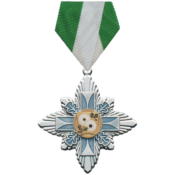 Schützenorden mit Altsilber-Verzierung und grün-weißem Band, Auflage Zwei Zielscheiben Schützenorden mit altsilberfarbener Kreuzform, goldfarbener Auflage mit zwei Zielscheiben und grün-weißem Banddreieck mit Ring