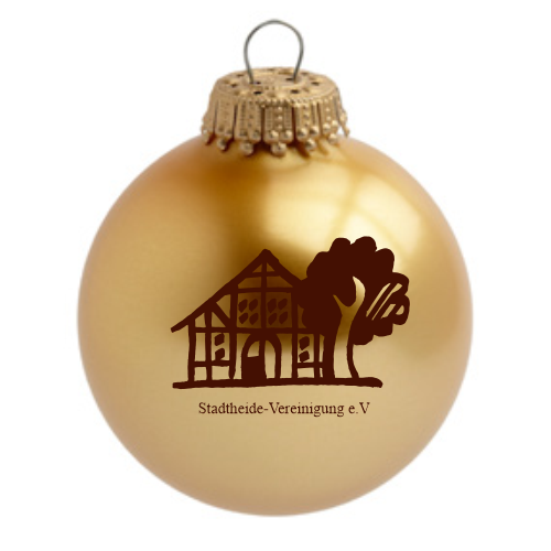 Stadtheide Vereinigung Paderborn Weihnachtskugel mit Vereinsmotiv Goldfarbene Weihnachtskugel aus Glas mit Aufhänger und dunklem Motiv der Stadtheide-Vereinigung e.V., zeigt ein Fachwerkhaus mit Baum und Schriftzug.