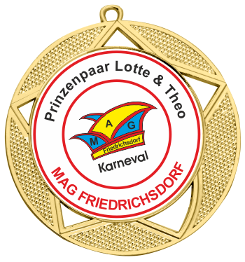 Medaille mit Stern-Verzierung in Goldoptik mit Emblem und Aufhängung Runde Medaille mit Stern-Verzierung in Goldoptik, strukturierter Oberfläche, Öse zur Aufhängung und eingesetztem Emblem mit Karneval-Aufdruck.