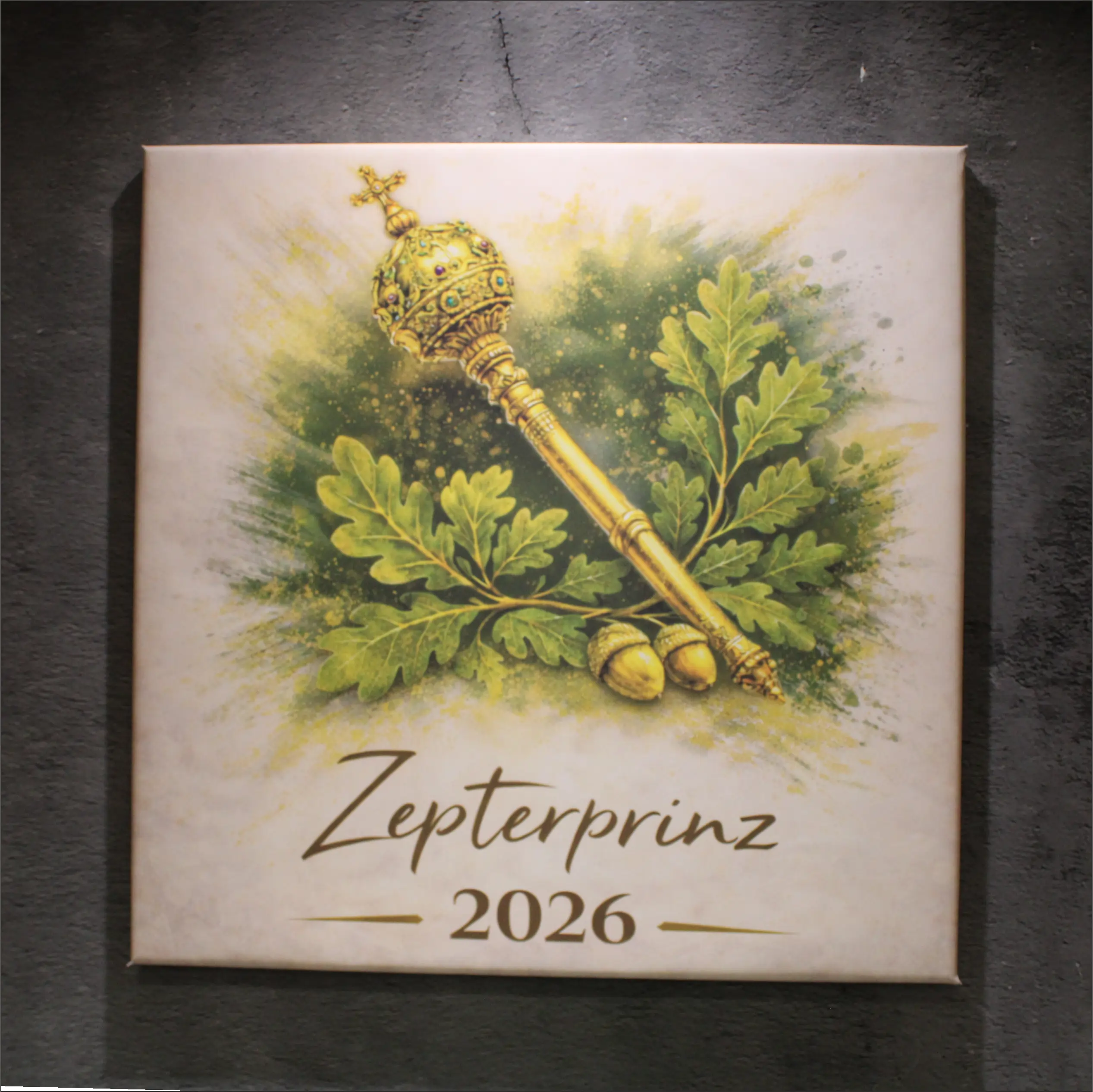 Leinwand Zepterprinz personalisierbar mit Jahreszahl 2026 Quadratische Leinwand mit Zepter, grünen Eichenblättern und Eicheln sowie dem Schriftzug Zepterprinz 2026. Personaliserbare Zepterprinz-Leinwand mit Wunsch-Jahreszahl.