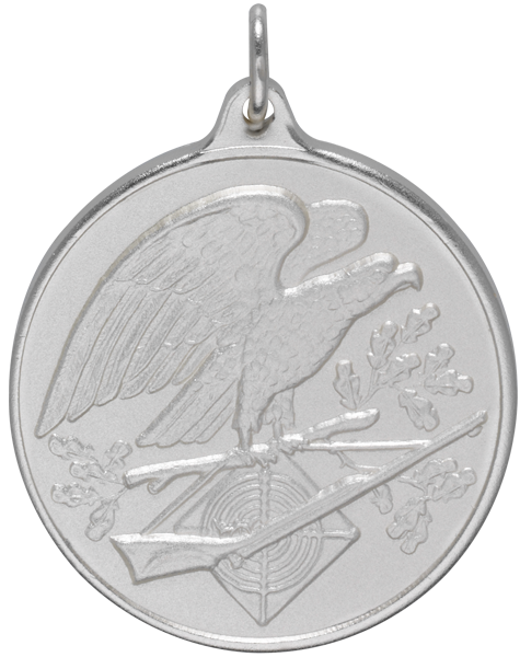 Medaille mit großem Schützenadler und Zielscheibe Runde Medaille mit Aufhängeöse, großem Schützenadler auf einem Ast sowie kleiner Zielscheibe und Gewehr im unteren Bereich