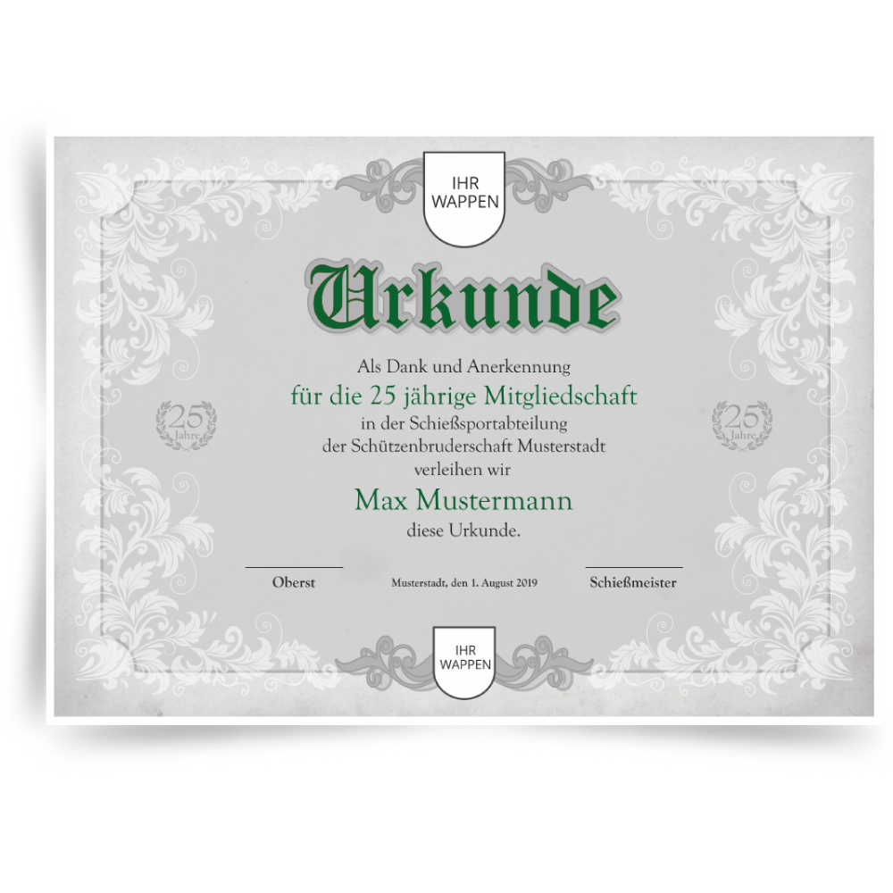 Urkunde für 25 Jahre Mitgliedschaft im Verein mit grünem Schriftzug und Wappenfeld Personalisierbare Urkunde für 25 Jahre Mitgliedschaft im Verein im Querformat, mit grauem Hintergrund, weißem Ornamentrahmen, grünem Schriftzug, Feldern für Vereinswappen sowie Platz für Name, Ort und Datum.