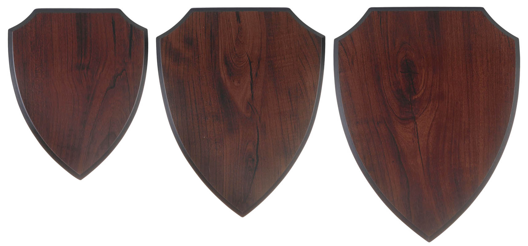 Ehrentafel mit Aufdruck 150 x 185 mm in schildförmiger Holzoptik Drei Ehrentafeln mit Aufdruck 150 x 185 mm in schildförmiger Form mit dunkelbrauner Holzoptik und sichtbarer Maserung